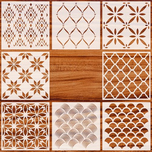 ZSUIQIN 8 Pezzi Stencil Riutilizzabili, Stencil Geometrici Decorativi per Pareti, Stencils per pittura in plastica, per Muro Legno Design Scrapbooking DIY (30 x 30 cm)