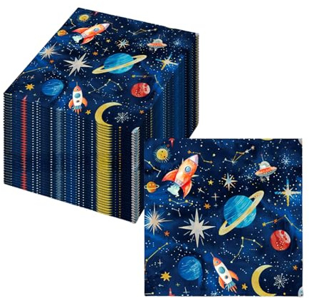 KLINNA 20 Stück 33x33cm Weltraum Planet Party Servietten, Papierservietten als Tischdeko für Geburtstag & Feiern mit Sonnensystem Galaxie Motiv, Serviette Rakete Geburtstag für Kinder