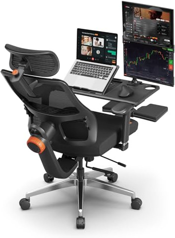 Newtral Ergonomic Home Office Chair with Detachable Laptop Tray - Desk Chair with Dynamic Back Support, Foldable Footrest, 5D Headrest, 4D Armrest, Includes Mouse Zone, Cup Holder, MagicH-PRO, Black