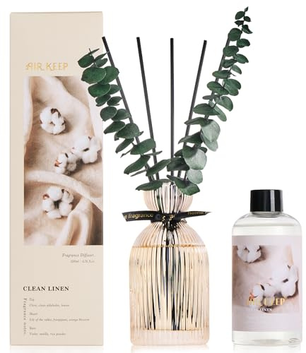 Airkeep Raumduft mit Duftstäbchen 200ml – Clean Linen – Reed Diffuser mit 6 Stäbchen & dekorativer Glasflasche für Bad, Schlafzimmer & Wohnzimmer