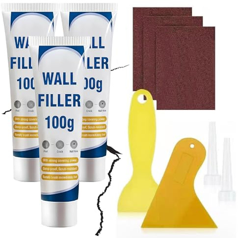 Wall Repair Kit, Ready Mixed Filler for Walls Holes & Gaps, 3 Sand Paper, 3 Wall Patches, Plastic Filling Tools, Plaster & Wood Filler, 3x100