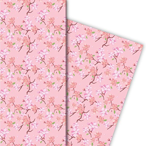 Kartenkaufrausch Frühlings Geschenkpapier Set mit japanischer Kirschblüte für liebe Geschenkverpackung, DIY Projekte, Basteln, 4 Bögen, 32 x 48cm Dekorpapier, Musterpapier zum Einpacken