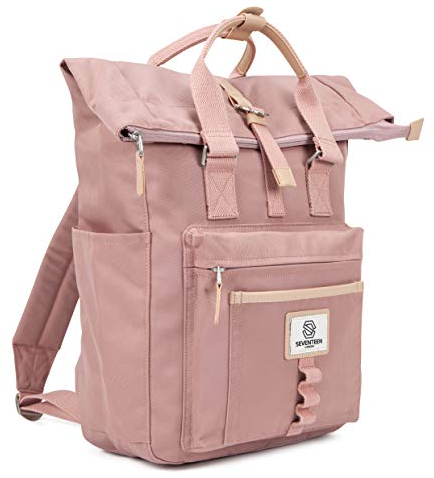 SEVENTEEN LONDON – 12L Laptop-Rucksack für Damen 15 Zoll Mädchen Jungen Schulrucksack Wasserabweisendes Nylon Gefalteten Roll Top Rucksack in Rosa für Universität/Reisen/Herren – 'Canary Wharf'