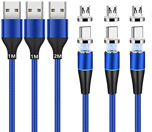 Magnetisches Ladekabel (1m+1m+2m,3 Stück) USB C/Typ C/Micro USB 2-in-1 Magnet USB Kabel 3A Schnellladung und Datensynchronisation LED Ladekabel Kompatibel mit Alles Android Phone Smartphone Tablet