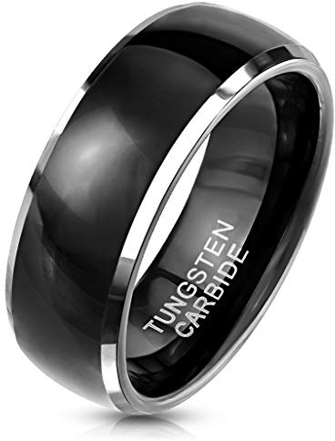 Paula & Fritz® Ring Herren Wolframcarbid Glänzend Gr. 62 (19,7) Schwarz-Silber 8-mm Breit Unisex Ring Damenring Partnerring Verlobungsring Kuppelring