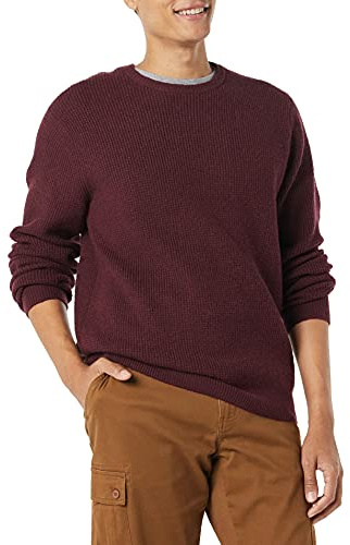 Amazon Essentials Herr långärmad mjuk beröring våffelsöm rund hals, vinröd, medium
