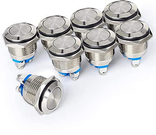 GUUZI 8st 16mm 2A 12V/24V/125V/250VAC Momentan Vattentät Tryckknapp med Skruvterminaler Tryckknapp i Rostfritt Stål (Platt Huvud)