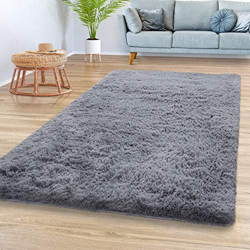 TT Home Teppich Wohnzimmer Hochflor Langflor Weich Soft Modernes Einfarbiges Design, Farbe: Grau, Größe:120x170 cm