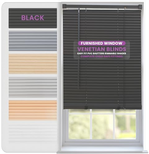 FURNISHED Veneziane Veneziane per finestre Tende in PVC Tende tagliabili persiane Lamelle da 25 mm Accessori completi per la sicurezza dei bambini - Nero 70W x 210L cm