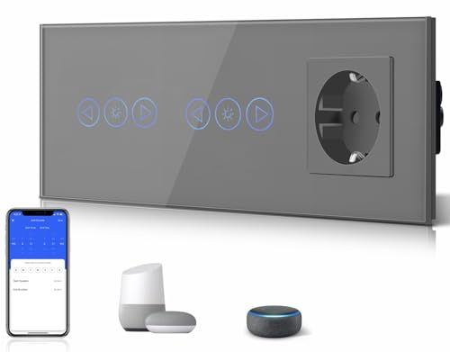 BSEED 16Amp Normal Steckdose mit Doppelt Smart Alexa Dimmer Lichtschalter Glas Wifi Touch Dimmerschalter (Neutrale Leitung benötigt)1 Fach 1 Weg, Kompatibel mit Tuya/Google Home/SAMRT LIFE Grau