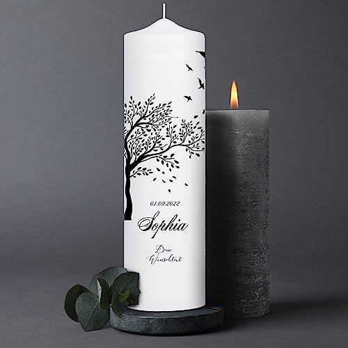 Wandtattoo Loft Trauerkerze personalisiert mit Namen und Datum, Motiv mit Lebensbaum und Vögeln, 25cm x 7cm, personalisierte Trauerkerze, Kondolenzkerze, Beileidskerze, Trauerlicht, Grabkerze