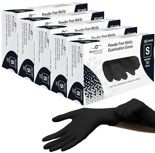 Farla Medical MediHands Disposable Small Nitrile Gloves - Powder Free and Latex Free Surgical Gloves - Multi-Purpose, Single Use Medical Gloves - Box of 500, Black