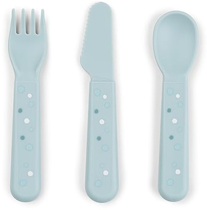 Foodie Cutlery Set Happy Dots Blue – Toddler Forks and Spoons with Soft Rounded Edges – Safe Utensils for Self-Feeding
