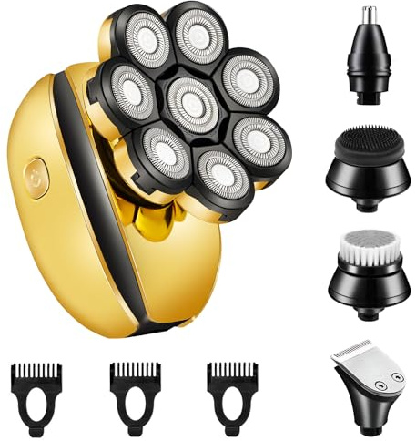 Rasoirs de tête pour homme chauve - Rasoir électrique multifonction 8D - Rasoir rotatif à barbe - Kit de rasage avec tondeuse nez (doré)