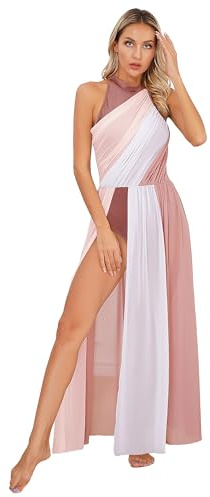 TiaoBug Robe Danse Lyrique Moderne Femme Justaucorps Gymnastique Patinage Artistique Robe Danse Latine Jazz Rumba Salsa Valse Tango Performance Dancewear S-XXL Rose poussiéreux F S