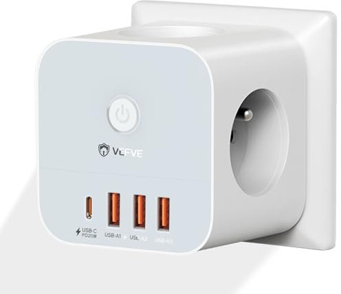 VEFVE Cube Multiprise Murale avec USB C 20W, Bloc 7-en-1 avec 3 Prises Secteur, 4 Ports USB (1 USB-C + 3 USB-A), Chargeur Rapide, Interrupteur, 3680W – pour Maison, Bureau, Téléphone
