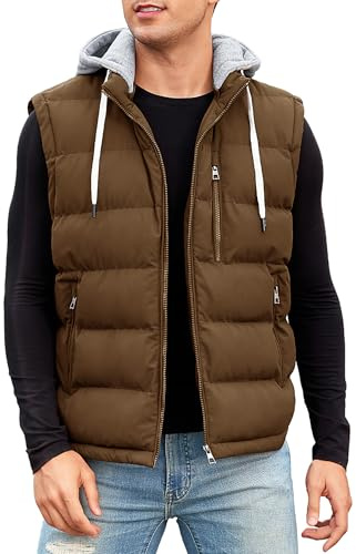 Vancavoo Veste Sans Manches Homme Doudoune Matelassé Manteaux Sans Manche Légère Gilet à Capuche Hiver,Café,M