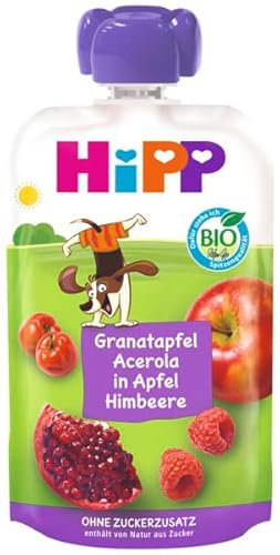 HiPP Bio Quetschie Frucht Plus Granatapfel -Acerola in Apfel-Himbeere - Ben Beagle (8 x 100g), ab 1 Jahr, 100% Fruchtpüree, ohne Zuckerzusatz, vegan, in bester Bio-Qualität