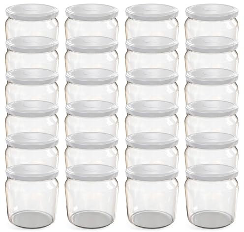 Oputec Lot de 24 bocaux de 360 ml avec couvercle à visser blanc – Parfaits pour les confitures, les confitures et plus encore, bocaux de conservation avec couvercle, parfaits comme pots à confiture et