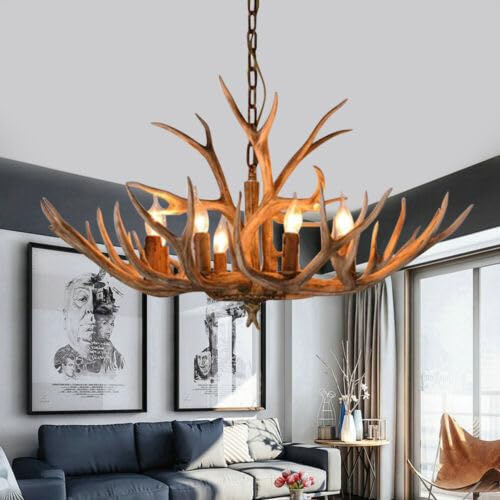 Duoruameng Retro Geweih Kronleuchter, 6 Lichter Geweihlampe E14 Glühbirne, Geweih Deko Deckenleuchte Hängelampe, für Wohnzimmer, Bar, Hotel