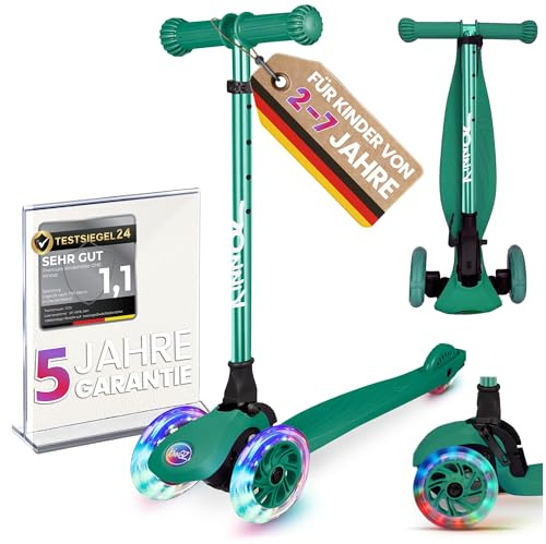 Kinderroller kinnaz ONE, 2-7 Jahre, LED Räder, Faltbar, Mitwachsend, Höhe einstellbar, Diebstahlschutz, abgerundete Kanten,Roller für Kinder Bremse mit Griffschutz, erweiterer Service, aus Hamburg