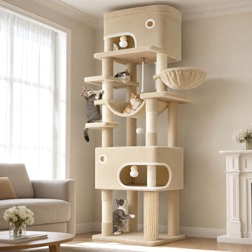Hzuaneri kattträd, 203 cm flerskiktad klösträd med stor plattform, 2 grottor, 7 skrapstolpar, pompoms, kattkorg, hängmatta, lämplig för katter i alla storlekar, Beige MS20318YL