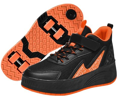 LIWLLIUA Youngsters' Fashion Sneakers Unisex Fashion Roller Skates 2/4 Detachable Retractable Wheels Comfortable Low-Top Shoes Breathable Upper Adjustable Lace-Up Closure,7755 Black,3.5