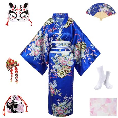 YOOCHUENG Kimono Damen Japanisch (EU 46–52),Geisha Set für Karneval Cosplay | Traditionell Yukata,Verstellbarer Bund,Kimono Cosplay Kostüm mit Maske & Zubehör für Orient Thema,Geschenkbox Inklusive