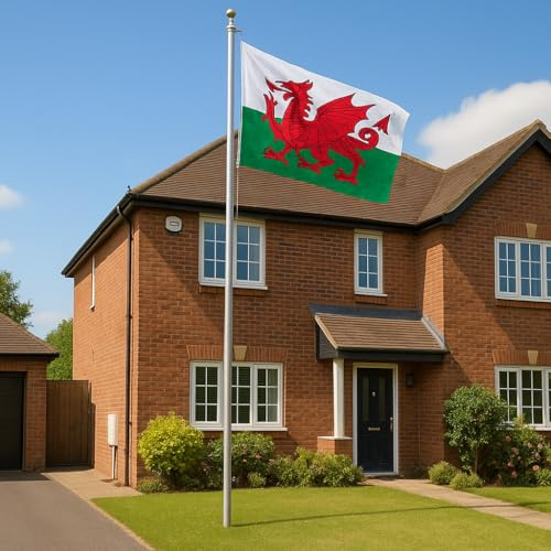 20FT Heavy Duty Aluminium Sectional Flagpole Kit with 5X3 FT Wales Flag – Outdoor Set with Gold Ball Topper, Rope & Clips – Weather-Resistant Display for House, Garden & Yard