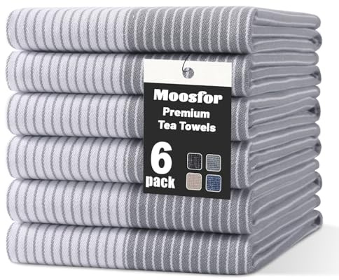 Moosfor 100 % ekologisk bomull kökshanddukar extra stora, mycket absorberande mjuka diskdukar, luddfri snabbtorkande kökshandduk, premium diskhanddukar för kök, paket med 6, 46 x 72 cm, grå