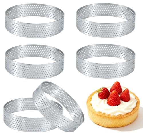 HO-SFSM 6 Piezas Aros de Postre, 8 cm Moldes Perforados Tartaletas | Molde Tartaleta Acero Inoxidable Moldes Perforados para Hornear Pasteles Mousses Quiches Muffins