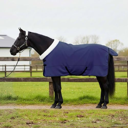 QUAHEAS Hästfilt marinblå av polarfleece 155 cm med justerbara spännen vindtät och andas för stall, vide, utomhus, vinter, paddock, skydd mot kyla och fukt