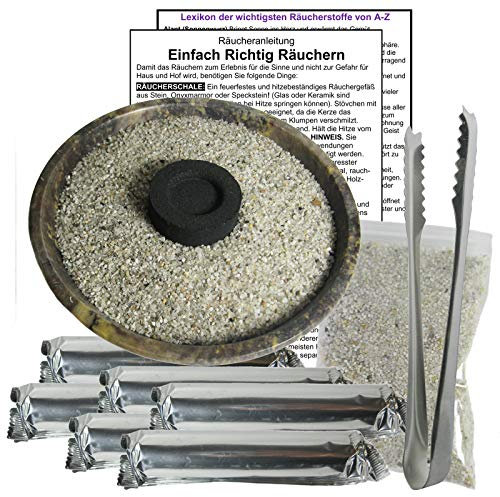 RÄUCHERSCHALE 12cm zum RÄUCHERN & AUSRÄUCHERN mit ZUBEHÖR für jedes RÄUCHERWERK & WEIHRAUCH. 10-tlg Räucher SET. Schale + Zange + Räucherkohle + ZUBEHÖR mit Lexikon der Räucherstoffe. 81593-B12