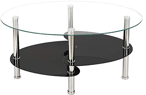YJIIJY Couchtisch, oval, aus Hartglas, 3 Ebenen, mit Einlegeböden aus Glas und Füßen aus Edelstahl, Möbel, Büro zu Hause, 90 x 50 x 43 cm, Transparent + Schwarz., 90*50*43cm