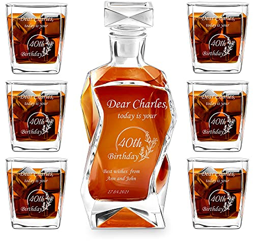 Maverton Classic Curve Whiskey Decanter Set of 6 Glasses - You can Personalise Tumblers as Gift - 700 ml Universal Carafe - Christmas Gifts - Congratulations