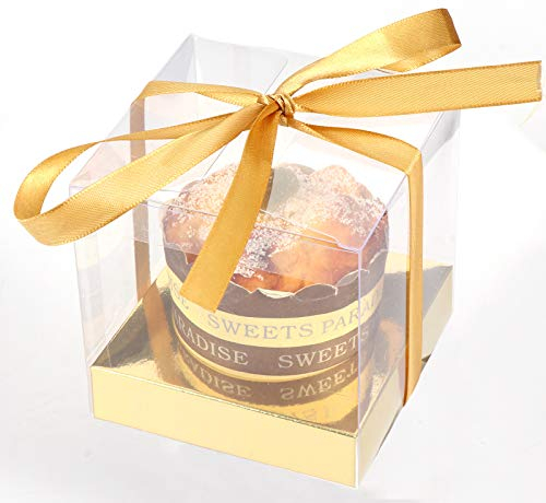 Cabilock 12pcs Transparent Cake Boxes PVC Clear Box Bakery Container with Ribbon for Birthday Christmas