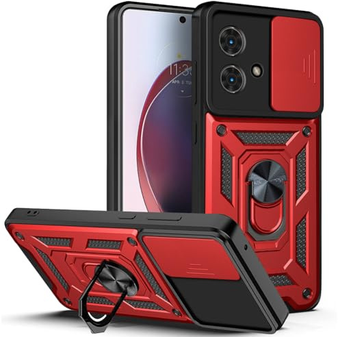 DESSEN Funda para Motorola Moto G84, Carcasa de Silicona Suave de TPU/PC y Lente Cover, con Magnético Soporte de Anillo Giratorio, Golpes Bumper Case. Rojo