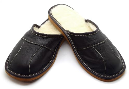 SolaDirect Men's Natural Leather Slippers with Warm and Cosy Fur Lining, Comfort Winter Slip On Mules (Dark Brown, Size: 8 UK / 42 EU)