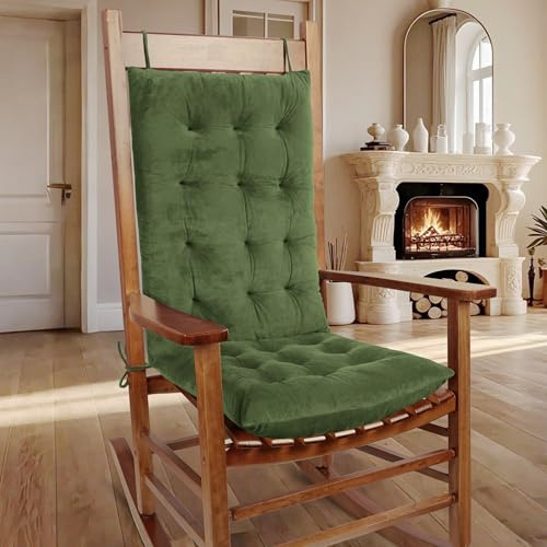 OVOV Thick Rocking Chair Cushions Warm Tufted Rocking Chair Pads Green | High Back and Seat Cushion, Suitable for Indoor , Set of 2 with 11-inch Straps Ties , for Office and Study Purposes