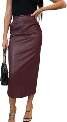 LLECDASEUI Damen Langer Kunstlederrock Bodycon Hohe Taille Schlank Bleistift Bauchkontrolle Midirock mit Taschen (Rot,M)