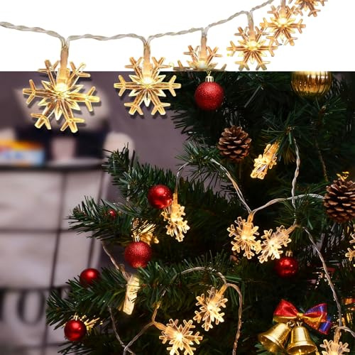 Luces de Hadas de Copo de Nieve,5m Guirlanda Luminosa 50 LED con Pilas y Timer para Navidad Dormitorio Fiestas Bodas Balcones Cortinas Jardines y Decoraciones Interior Exterior Blanco Cálido