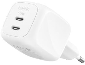 Belkin Laddare för USB-C med 2 portar 50 W, Dubbel GaN-väggladdare med 2 x USB-C portar, snabbladdning för MacBook, iPhone 17, iPad Pro, Galaxy S25 Ultra, Google Pixel 10 - Resetillbehör - Vit
