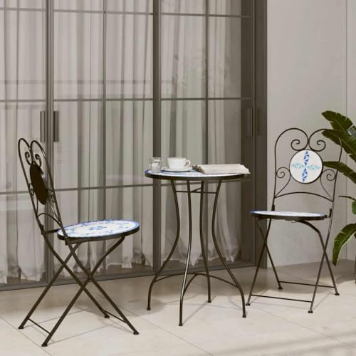 Teenpull Ensemble de bistro en mosaïque pour jardin, balcon - Bleu et blanc - En fer et céramique - Chaises pliantes - 3 pièces - Pour l'extérieur