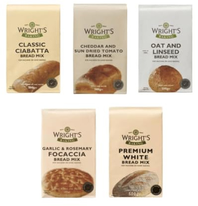 Wright's Baking Bread Mix Selection Pack 5X500g | Premium White, Ciabatta, Garlic Rossemary Focaccia, Cheddar & Tomato, Oat & Linseed | Easy Mix for Bread Machine or Hand Baking (NP)