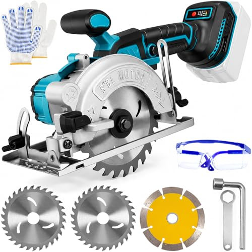 Akku Kreissäge Kompatibel mit Makita 18V Lithium-Akku, Bürstenlose Handkreissäge mit 2 Sägeblättern(125mm), 6500RPM, 0-45° Schwenkbar & 0-45mm Schnitttiefe für Holz, Metall, Fliesen(Ohne Akku)