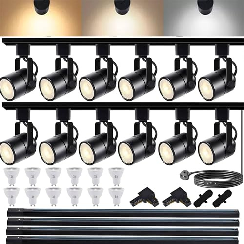 Dimmable LED Track Lighting Heads Kit, 3CCT 10W L-Type Track Lights 3000K/4000K/6000K Adjustable with 2M Track Rail, 12PCS Ceiling Spotlight Fixtures Replaceable GU10 Bulbs
