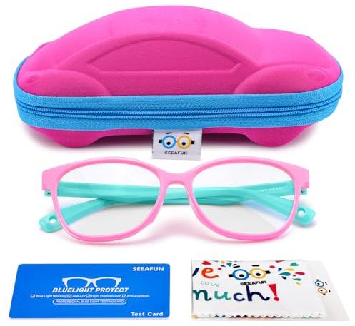 SEEAFUN Blue Light Glasses for Kids Girls Boys with Cute Car Case, UV400 Protection, Anti Blue Ray Age3-12