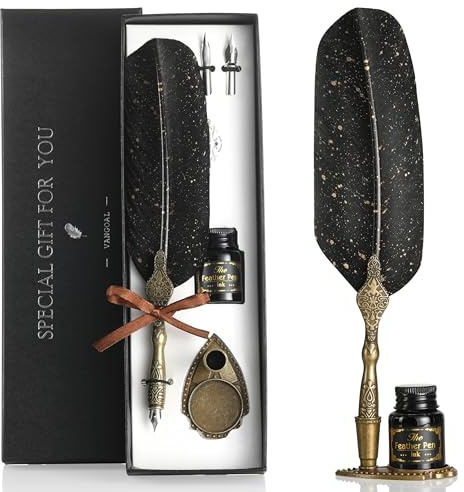 VANGOAL Vintage Black Feather Pen and Ink Set, Classic Series Goose Quill With Carving Stand, Calligraphy Nibs, Black Dip Ink, Antique Writing Gift for Writer