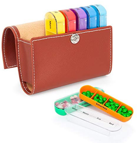 Tablettenbox 7 Tage 4 Fächer - Pillenbox mit PU-Lederetui für Reisen, Pillendose Morgens Mittags Abends Nachts - Tablettendose Ideal für Medikamente, Tabletten, Kapseln, Vitaminergänzungen