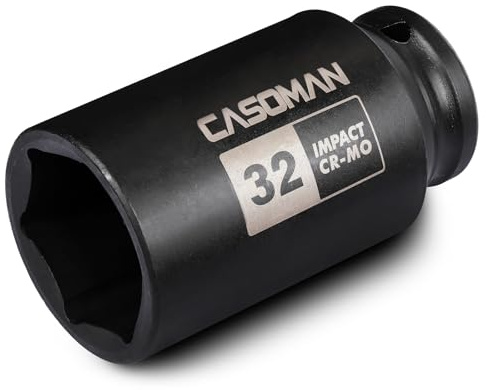 CASOMAN 1/2 tum enhet x 32 mm djup 6 PT slaguttag, CR-MO, 1/2 tum enhet 6-punkts axel mutteruttag för enkel borttagning av axelaxelaxelaxelmuttrar (32 mm)